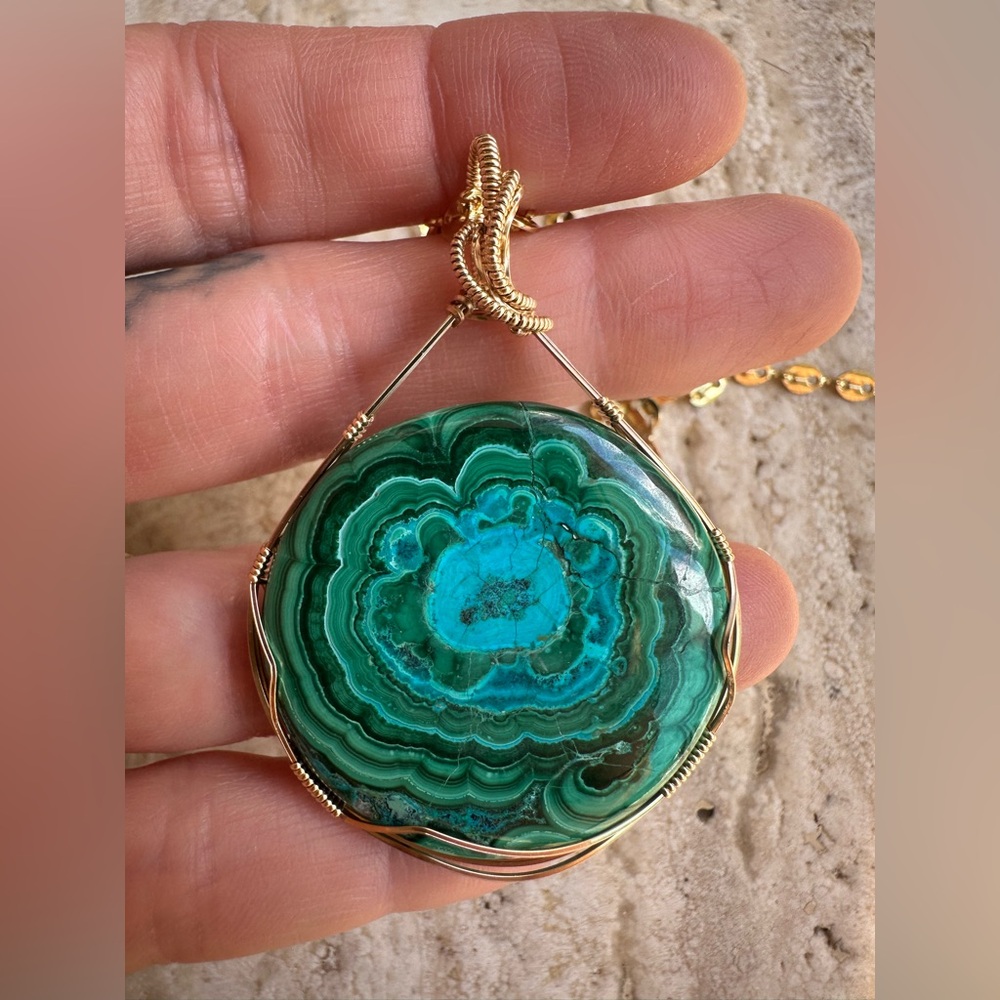 14k Gold filled Malachite Azurite Medallion Necklace Pendant One of a kind!